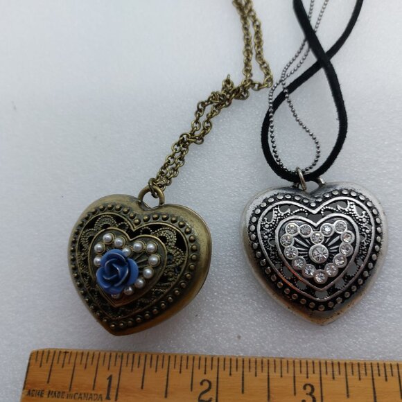 2 Heart Necklace Bronze or Brass Tone Blue Flower & Silver Tone Clear Stones - Picture 7 of 11